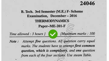 2016 Mdu BTech ME 3rd Sem Thermodynamics Question Paper