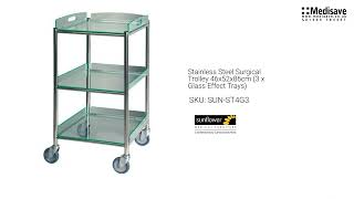 Stainless Steel Surgical Trolley 46x52x86cm 3 x Glass Effect Trays SUN ST4G3