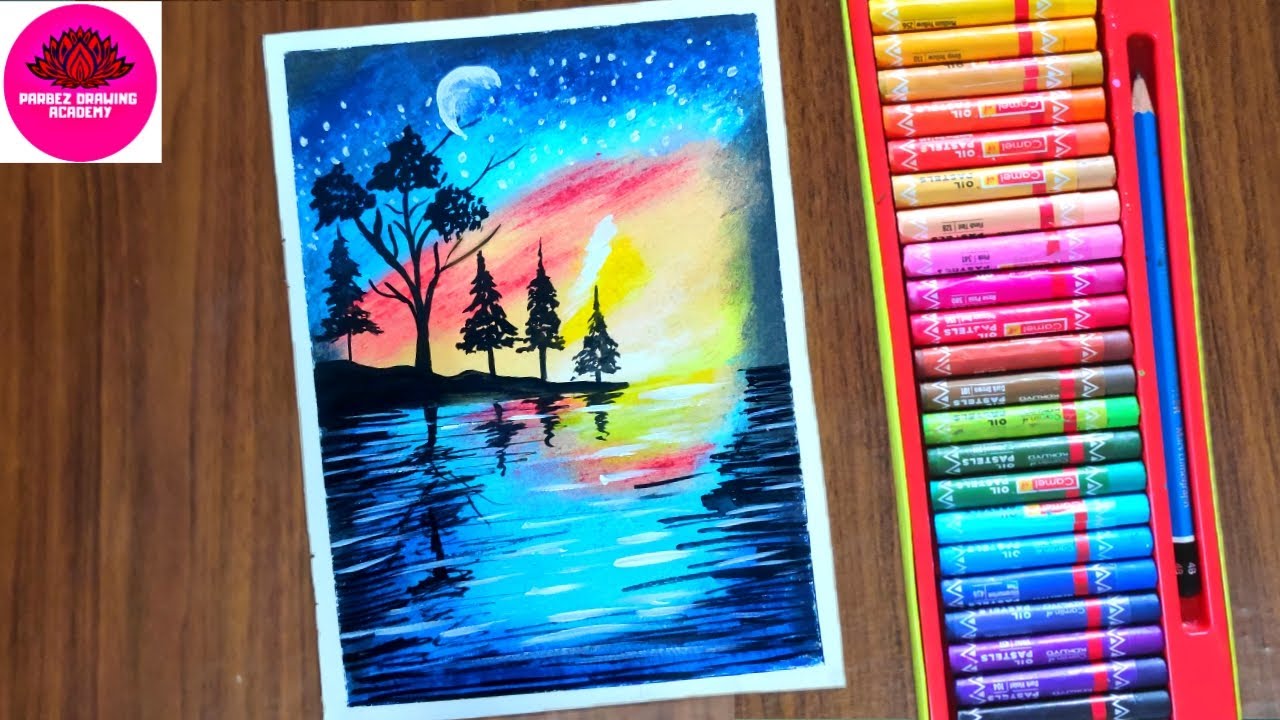 Beautiful moonlight scenery Easy oil pastel drawing with oil pastel