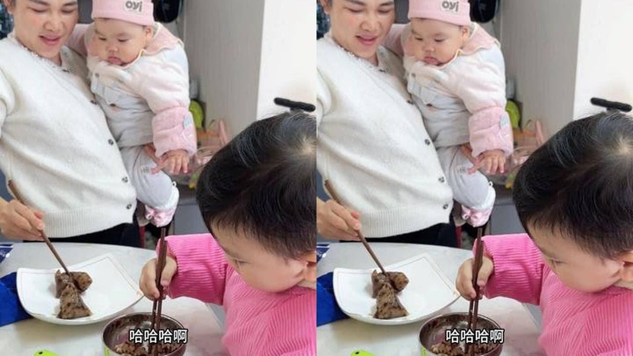 航航要自己动手蒸墨米粽，妹妹看见有吃的要抢着吃 #在家陪娃日常 #好吃的墨米粽#你最爱吃什么口味的粽子