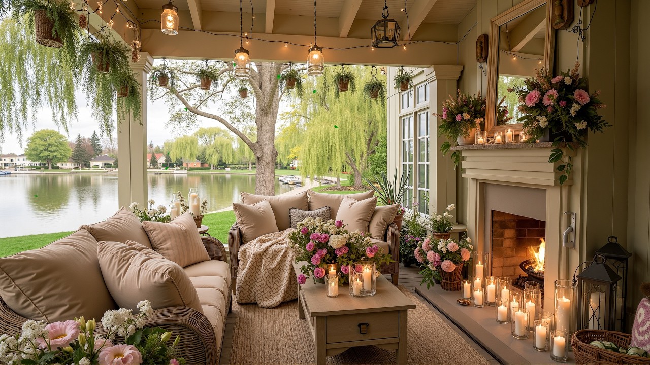 Healing Spring Lakeside ASMR 🌿 Natural Ambience, Fireplace Crackling & Calm Outdoor Atmosphere