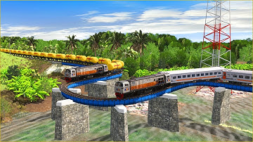 Two Trains vs Sharp Turns Bridges | Bumpy Forked Diamon Bridge Track | Trainz Simulator 2019