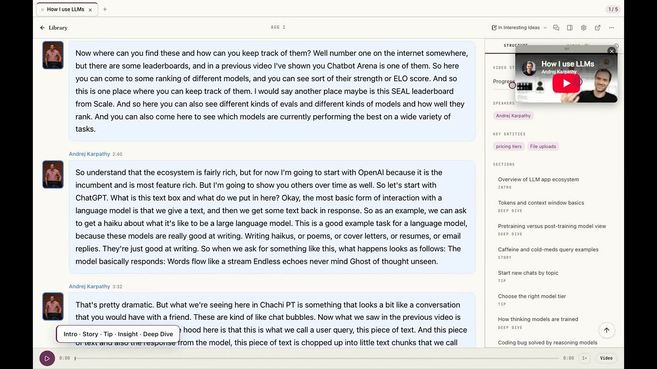 A talk's transcript in Omphalis with speaker names and timestamps, the video docked in the corner