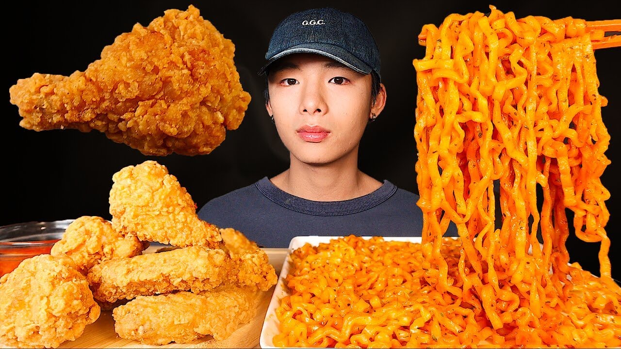 ASMR CARBONARA SPICY FIRE NOODLES + FRIED CHICKEN (Eating Sound) | MAR ASMR