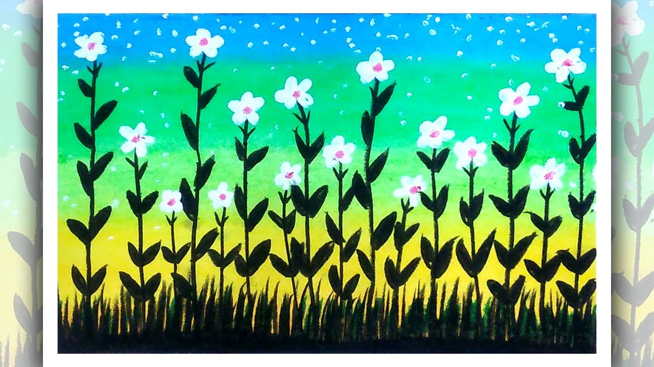 How to draw flower garden, Flower garden scenery drawing, simple ...