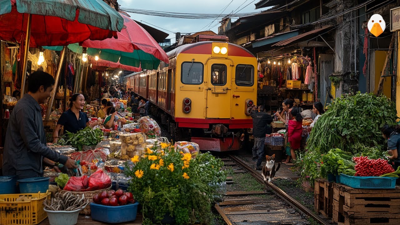 Железная дорога Меклонг, Таиланд🇹🇭 Самый опасный железнодорожный рынок в Таиланде (4K HDR)