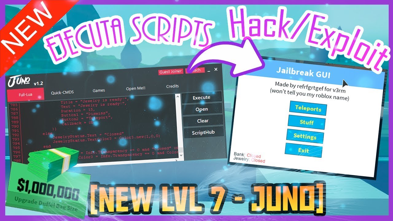 New Lvl 6 Juno Dinero Infinito En Cualquier Juego Jailbreak Gui Jailpain And More Roblox Youtube - roblox nuevo hack de jailbreak dinero infinito roblox