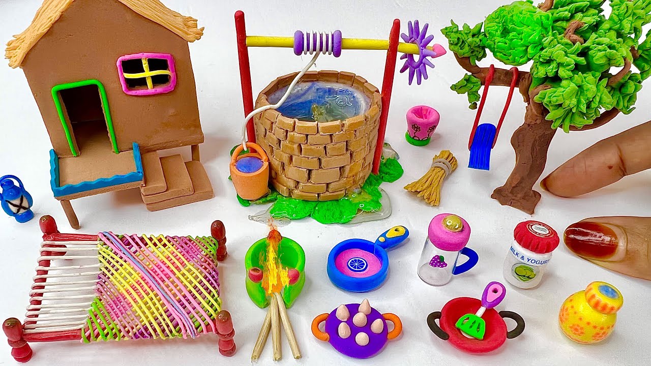 DIY How to make polymer clay miniature house, water well, kitchen set ...