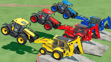 GARAGE OF COLORS ! JCB TRACTORS LOADING  TRANSPORTING TO GARAGE WITH CAT BACKHOE LOADERS ON TRUCKS!