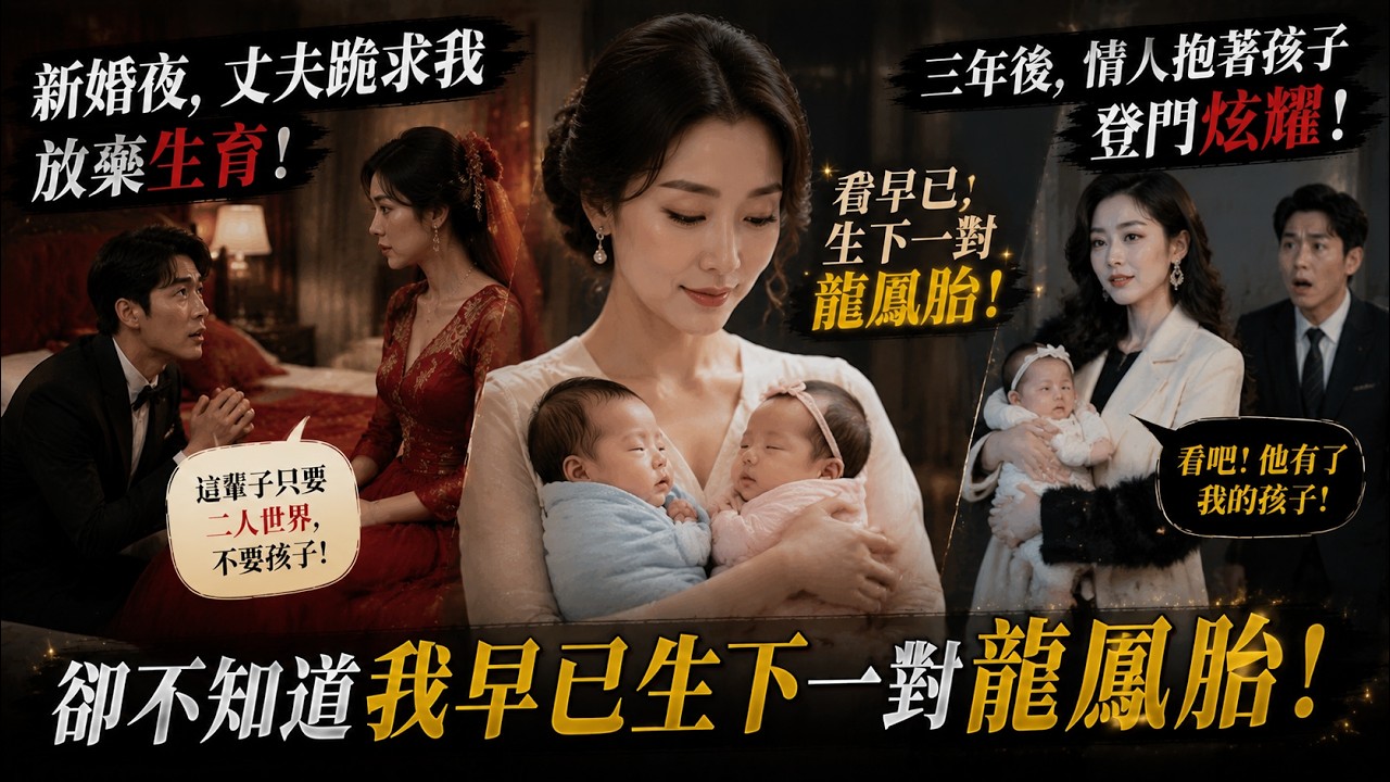 新婚夜，丈夫跪求我放棄生育，說這輩子只要二人世界，三年後情人抱著孩子登門炫耀，卻不知道我早已生下一對龍鳳胎！#豪門婚姻#追妻火葬場#婚姻背叛#萌寶劇情#龍鳳胎#豪門恩怨#小三挑釁#女性逆襲