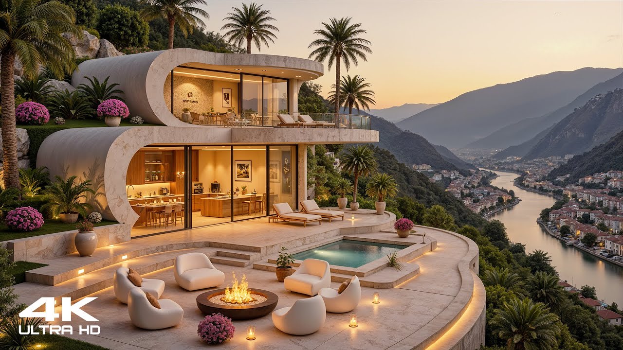 [4K] Outdoor Luxury Villa Ambience | Smooth Piano Jazz at Serene Riverside for Relax & Calm Mood