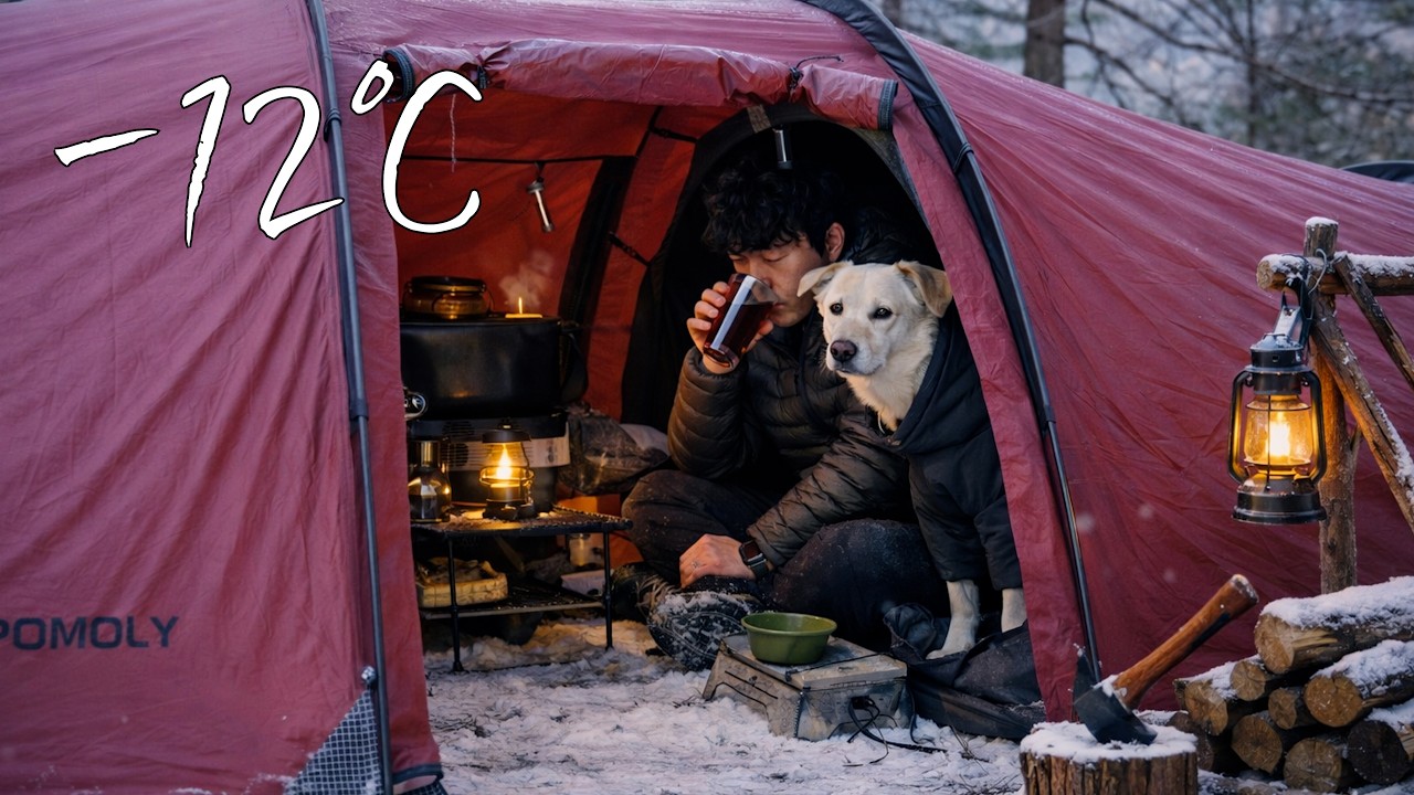 Палатка в лесу при температуре -12°C — крошечное убежище, только дровяная печь, с моей собакой.