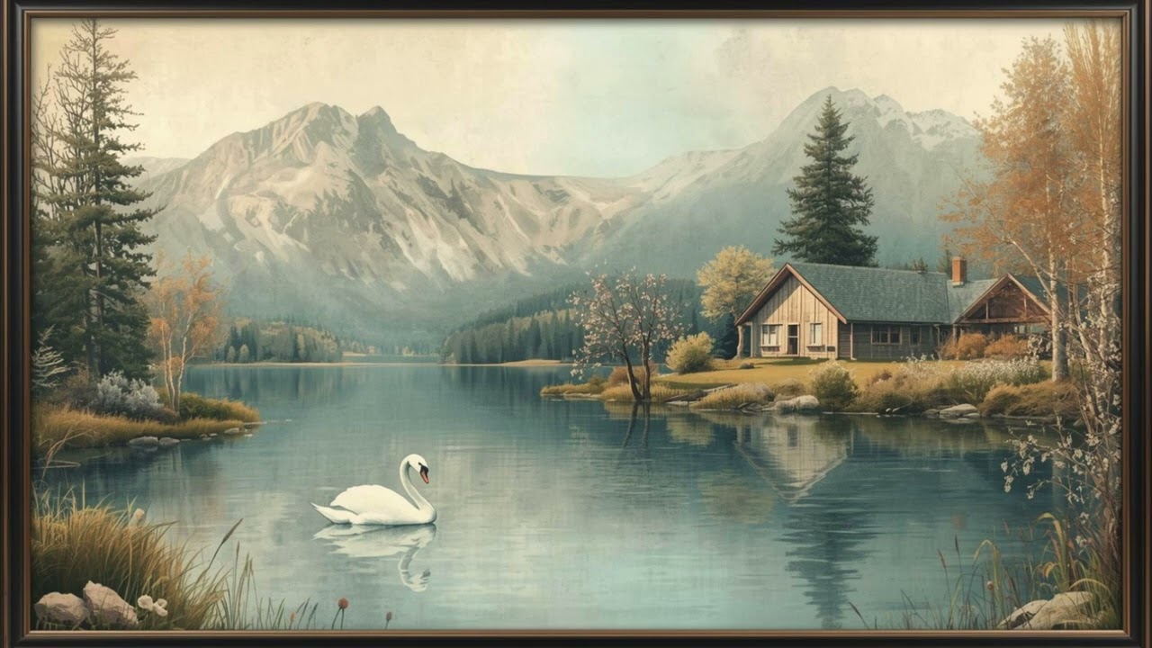 2 Hours Framed Painting Screen | Peaceful Swan Lake Mountain Landscape | 4K