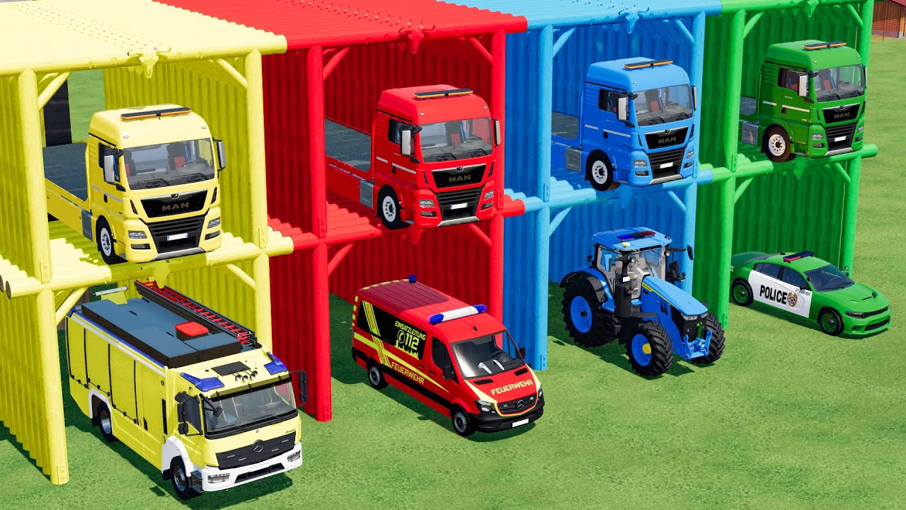 TRANSPORR OF COLORS ! FIRE DEPERMANT , AMBULANCE CAR , POLICE TRACTOR