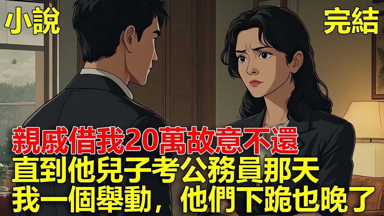 親戚借我20萬，故意二十年不還，他們在背後說我人傻錢多，直到他兒子考公務員那天，我一個舉動，他們下跪求我也晚了！