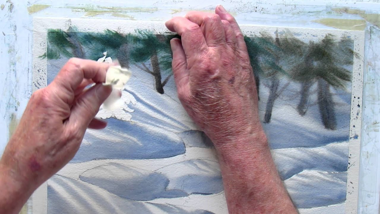 Снег на деревьях акварелью