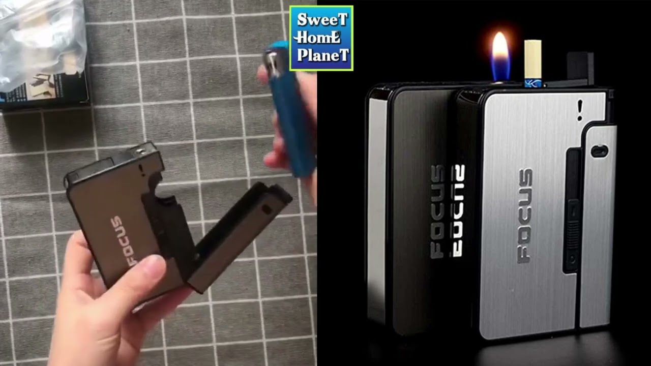 FOCUS Aluminium Automatic Ejection 10pcs Cigarette Dispenser Case Box With Lighter Case Set