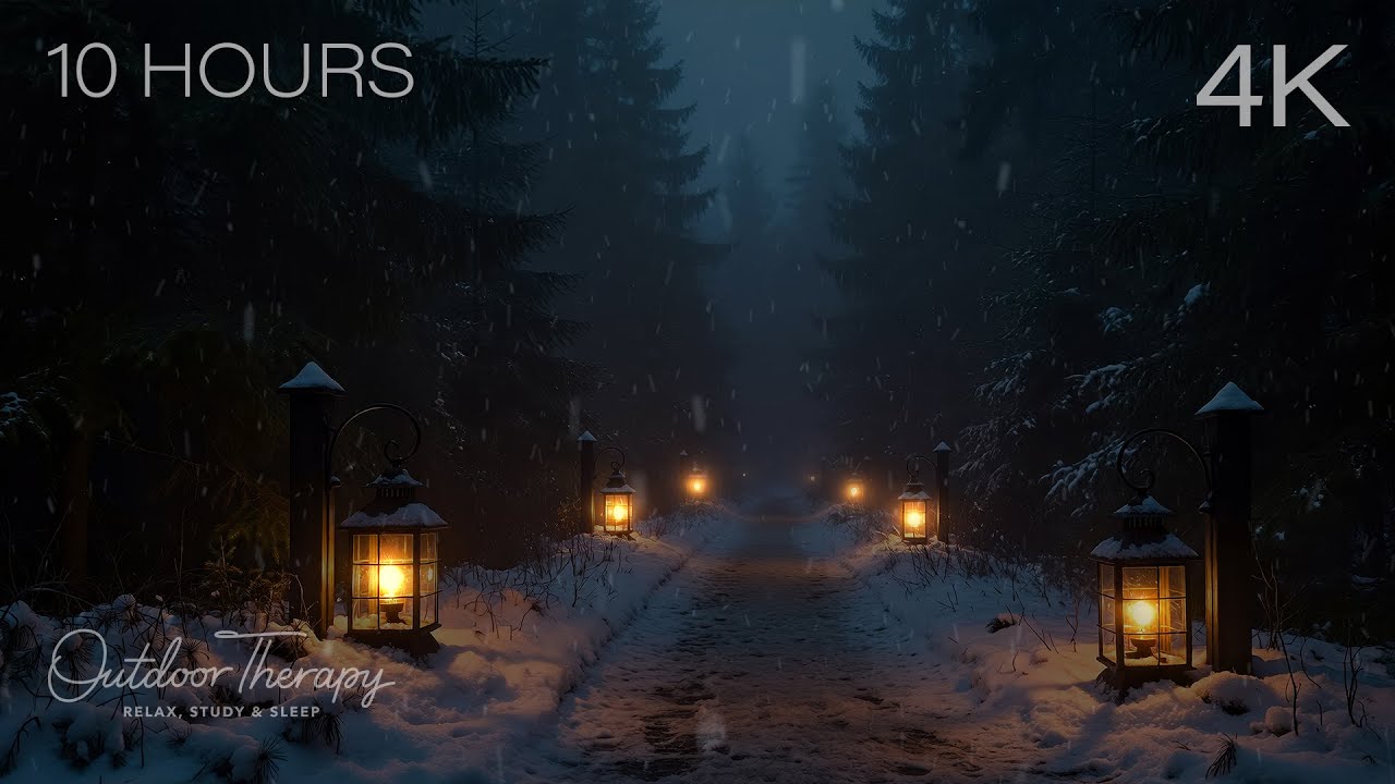 Lanterns Along the Winter Footpath | Soft Snowfall & Gentle Wind Ambience | 10 HOURS | 4K