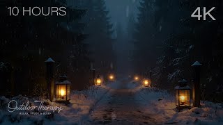 Lanterns Along the Winter Footpath | Soft Snowfall & Gentle Wind Ambience | 10 HOURS | 4K