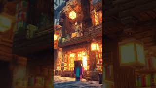 A blocky Minecraft character standing outside a magical bookstore #minecraftarchitecture