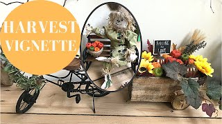 FALL HARVEST VIGNETTE - DIY SCARECROW - DIY DECOR BIKE TRAILER - RUSTIC FARMHOUSE DECOR STYLE
