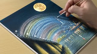 How to Draw a Full Moon Bridge View / Acrylic Painting TUTORIAL