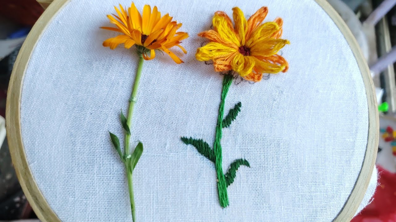 Most beautiful calendula flower embroidery 🪡 tutorial ।ক্যালেন্ডুলা ফুলের এমব্রয়ডারি টিউটোরিয়াল।