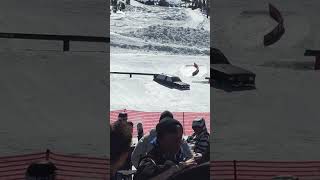 Snowboarder attempts to jump rail and lands on abandoned truck