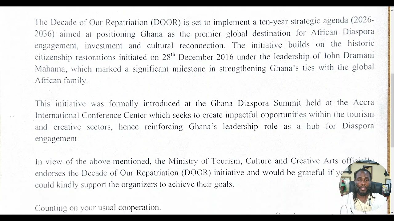 Endorsement of Decade of Our Repatriation (DOOR): Ministry of Tourism Culture and Creative Arts