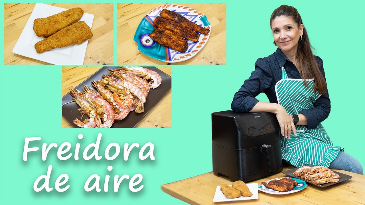 ✅3 RECETAS de pescado en FREIDORA DE AIRE/MERLUZA empanada/SALMÓN aderezado/GAMBONES 🦐 ajo y limón✅