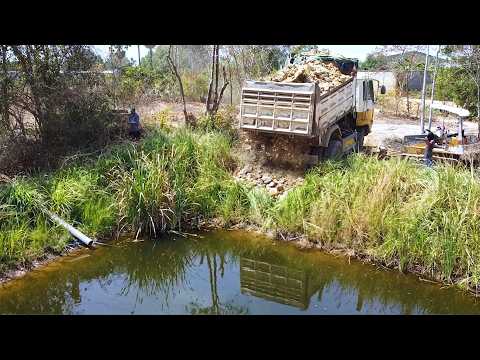 First Start Amazing PROJECT!! Landfill Clearing Tree & Garbage In Deep Pond Use Dozer & 5Ton Truck.