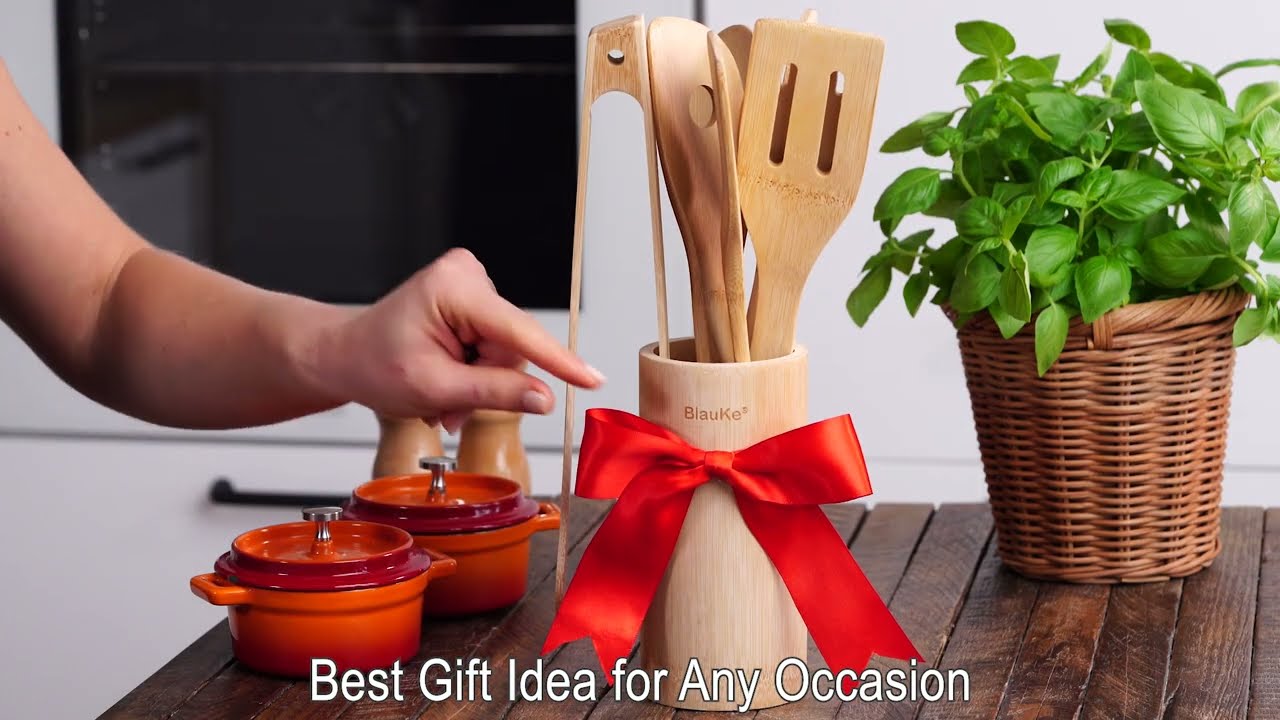 Bamboo Kitchen Utensils Set 8-Pack - Wooden Cooking Utensils for