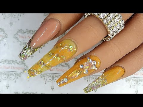 Mustard Yellow Nail Design with Holo Gold/ Basic 3d 💐 - YouTube