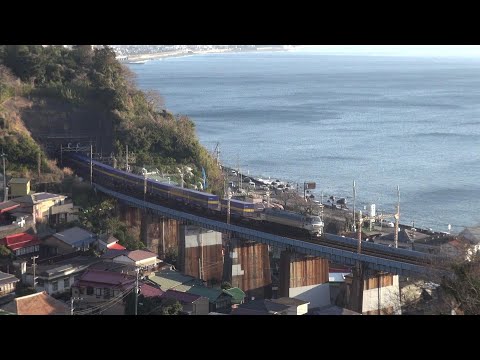東海道線の走る長～い貨物列車(石橋橋梁,白糸川橋梁,佐奈田トンネル,根ノ上踏切)