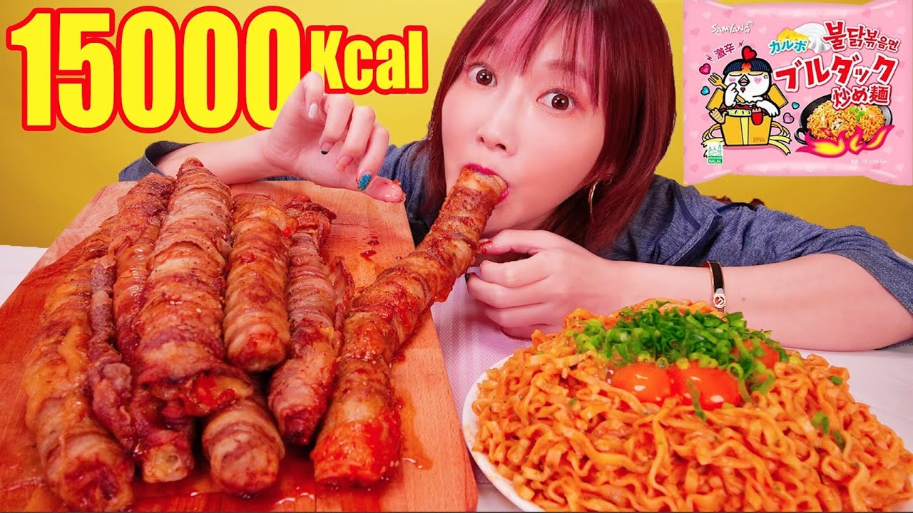 【大食い】激辛カルボプルダックポックンミョンと豚バラチーズキムチロールを食べる！韓国屋台飯を自宅で作ったら激ウマすぎ[がぶ飲み レモンクリームソーダ]5kg [15000kcal]【木下ゆうか】 | Yuka Kinoshita木下ゆうか