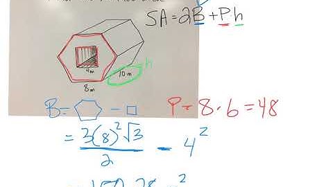 Surface area of a hexagonal prism missing a square prism.