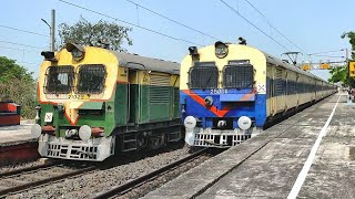 Back to back colorful MEMU passenger trains crossing at Talit Railway station