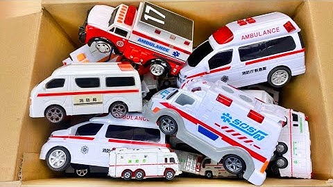 Emergency run from a toy box full of mini ambulance cars! Siren sounds!