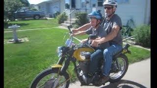 Grandsons 1st ride 450 Ducati Scrambler that Great Granddad bought new in 1969