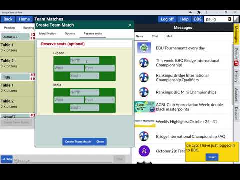 Creating a team match on Bridge Base Online