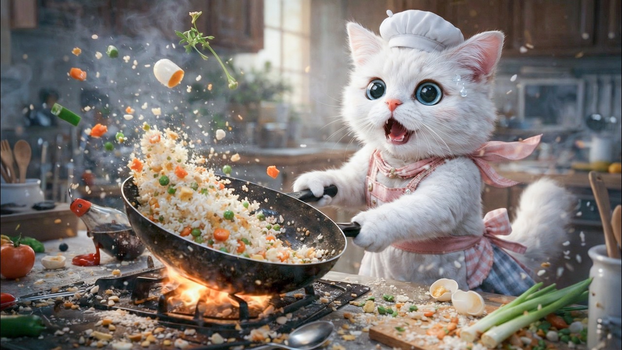 【大パニック料理】白猫ショガの炒飯が大暴走！？🍳🔥🐾
