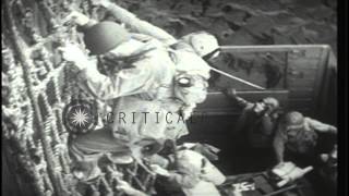 US Marines reach at the shore of Gilbert Island, Kiribati in a landing craft duri...HD Stock Footage