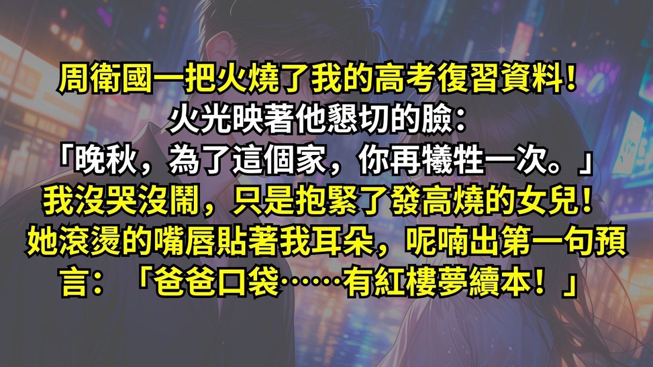 周衛國一把火燒了我的高考復習資料！火光映著他懇切的臉：「晚秋，為了這個家，你再犧牲一次。」我沒哭沒鬧，只是抱緊了發高燒的女兒！她滾燙的嘴唇貼著我耳朵，呢喃出第一句預言：「爸爸口袋……有紅樓夢續本！」