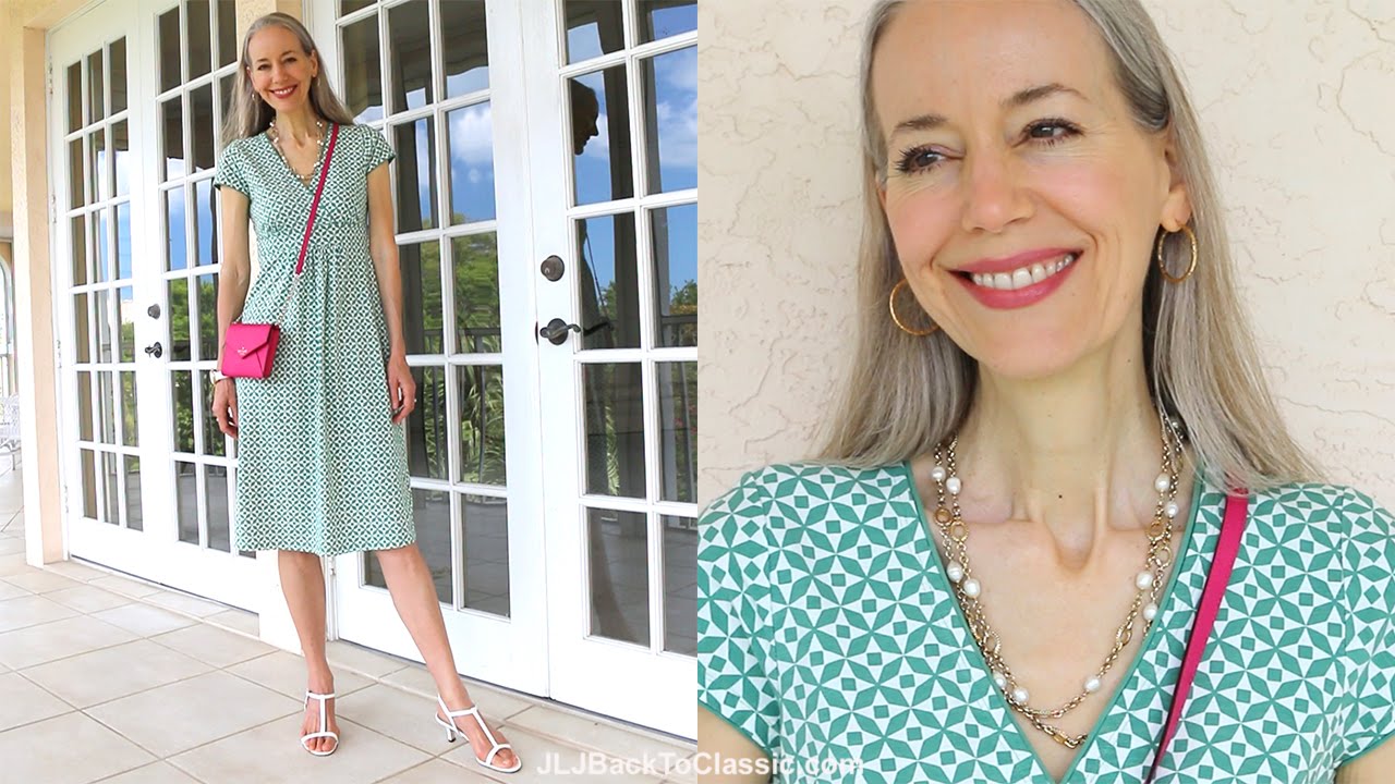 Video) Classic Fashion Over 40/How To Style A Boden Empire-Waist Dress:  With a Pink Kate Spade Bag and White T-Strap Sandals  JLJ Back To  Classic/JLJBackToClassic.com