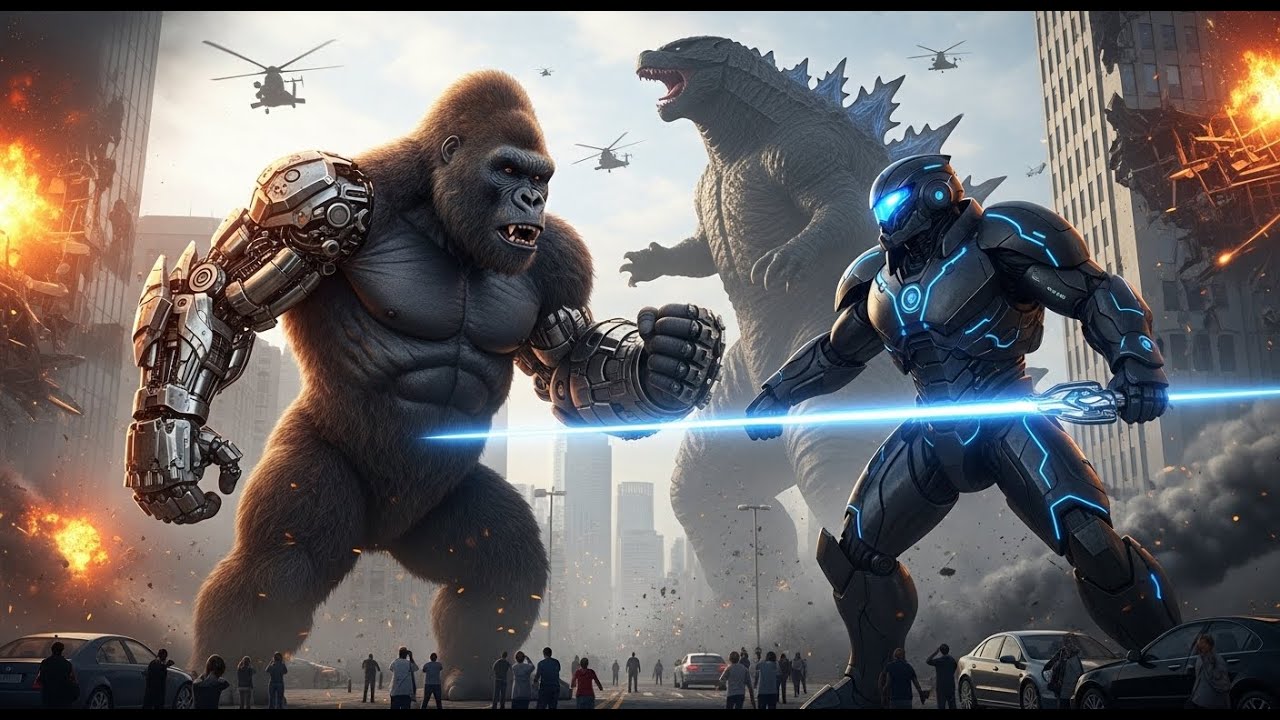 King Kong vs. Godzilla vs. Giant Robots: An epic monster battle in the city - Chaos!