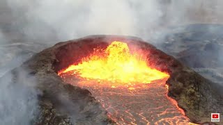 Iceland Volcano, drone above  Lava pool July 26
