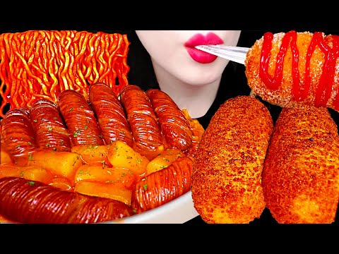 ASMR Mozarella Corn Dog, Spicy Noodles, Sausage 로제 떡볶이, 핫도그, 소세지 먹방 Mukbang, Eating