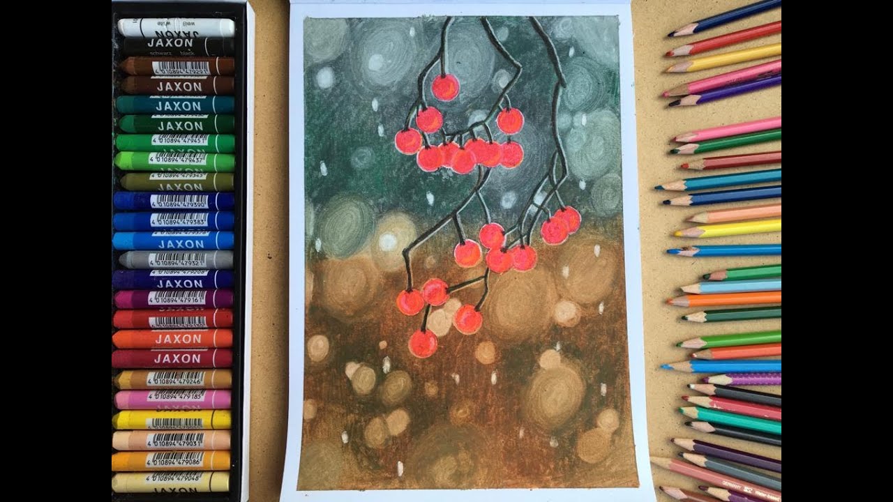 Beautiful cherry in winter ️. Oil pastel drawing for beginners YouTube
