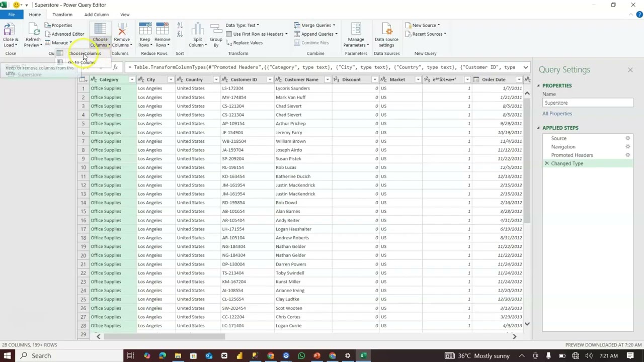 Choose  columns and applied steps