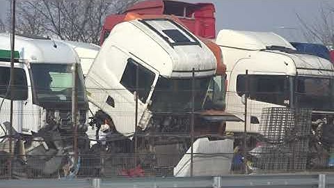 These trucks will never go anywhere again... Truck dismantling near Bucharest. Romania.